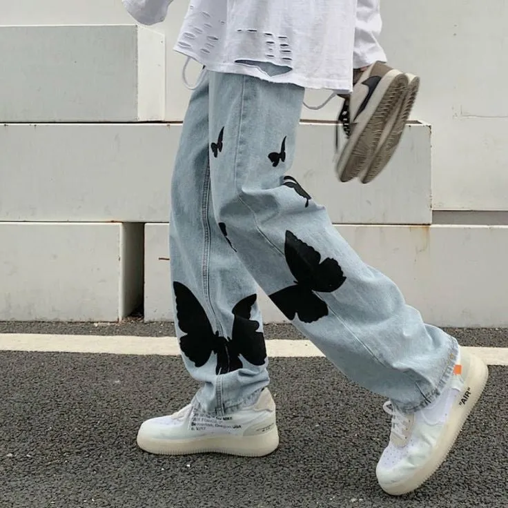 Aesthetic Y2k Butterfly Design Relax Wide Leg Straight Fit Sky Blue Jeans