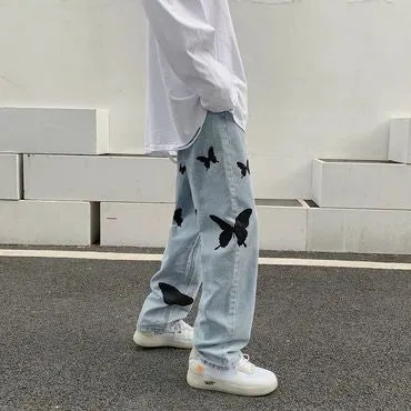 Aesthetic Y2k Butterfly Design Relax Wide Leg Straight Fit Sky Blue Jeans