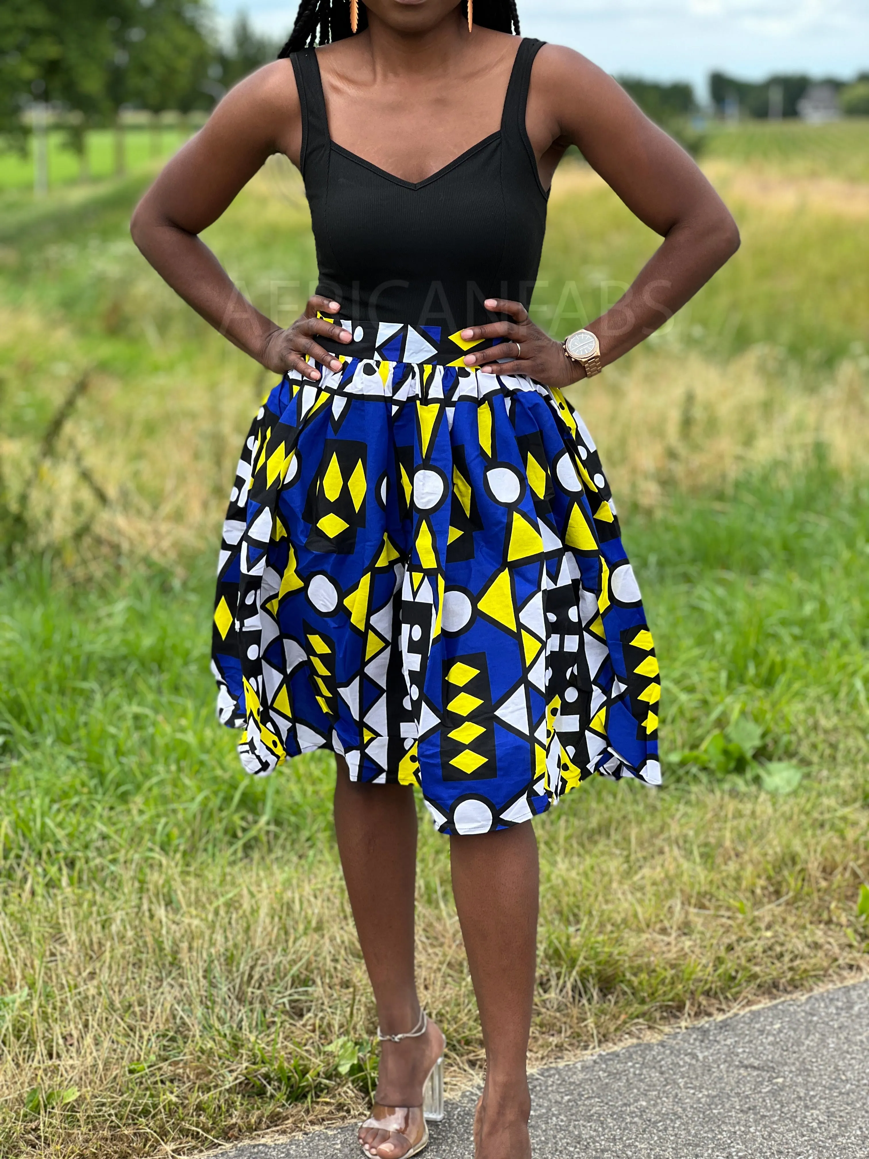 African print Blue / Yellow Samakaka Midi Skirt