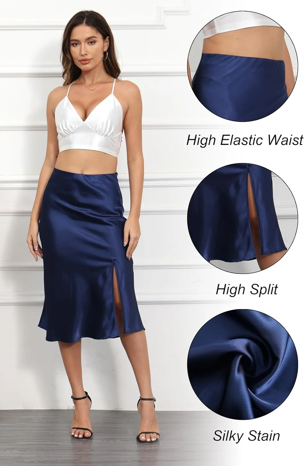 ALCEA ROSEA Womens Silky Satin Midi Skirt High Waist Elastic Waist A Line Skirt with Slit