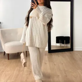 Autumn Winter Lazy Round Neck Long Sleeve Split Casual Sweater Trousers Two Piece Set