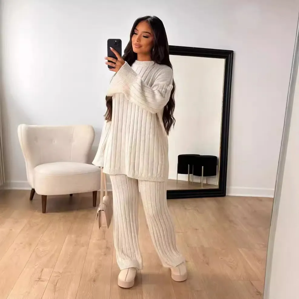 Autumn Winter Lazy Round Neck Long Sleeve Split Casual Sweater Trousers Two Piece Set