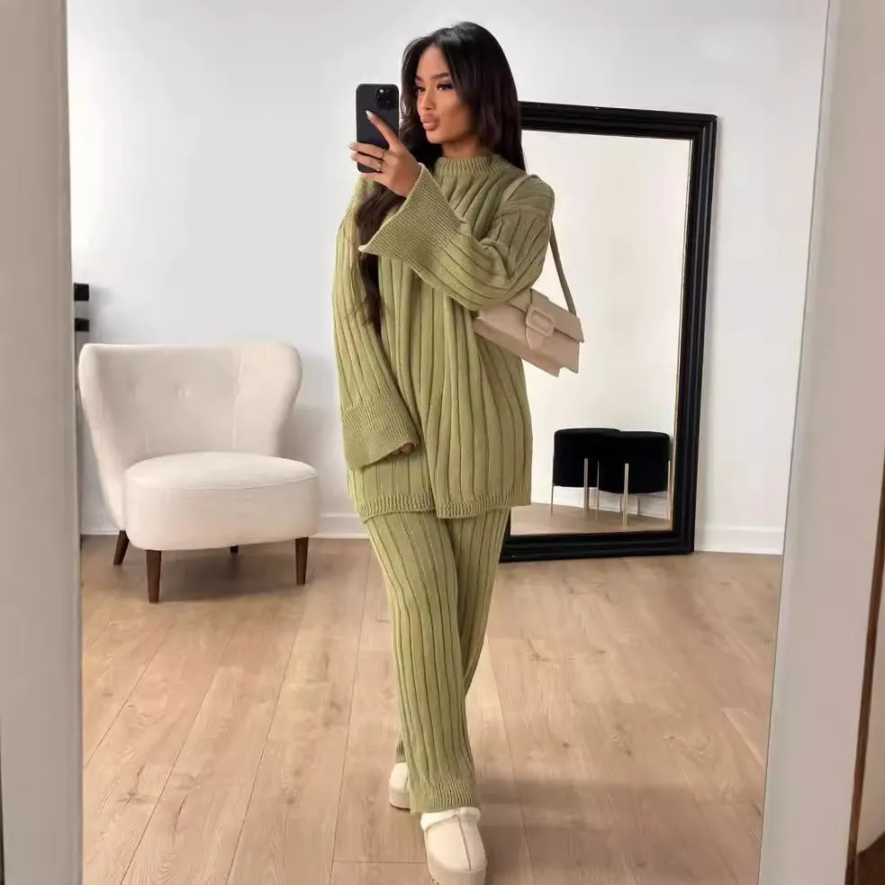 Autumn Winter Lazy Round Neck Long Sleeve Split Casual Sweater Trousers Two Piece Set