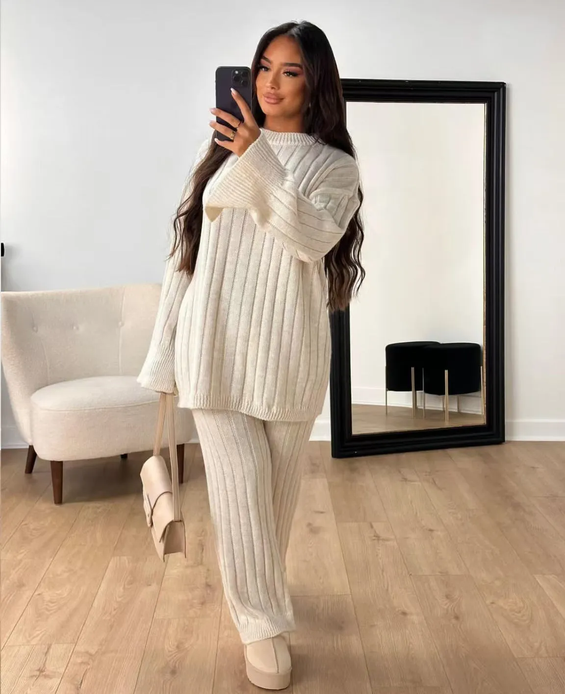 Autumn Winter Lazy Round Neck Long Sleeve Split Casual Sweater Trousers Two Piece Set