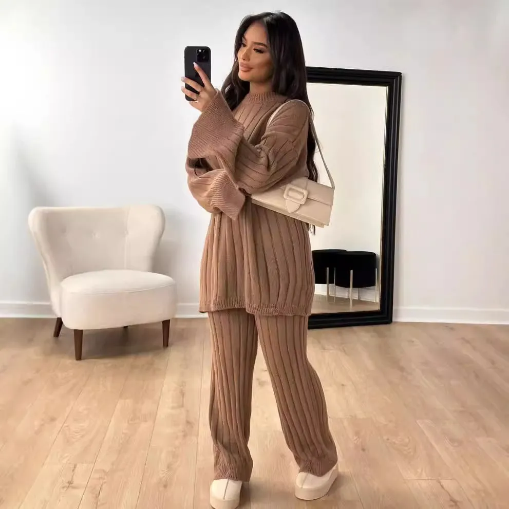 Autumn Winter Lazy Round Neck Long Sleeve Split Casual Sweater Trousers Two Piece Set