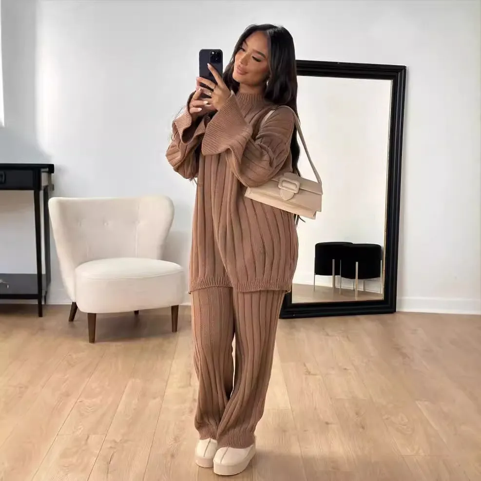 Autumn Winter Lazy Round Neck Long Sleeve Split Casual Sweater Trousers Two Piece Set