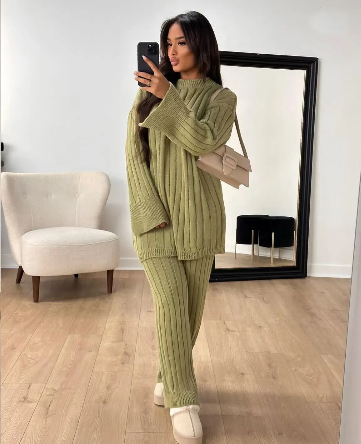Autumn Winter Lazy Round Neck Long Sleeve Split Casual Sweater Trousers Two Piece Set