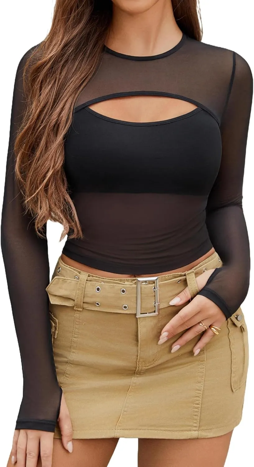 Avidlove Women's Sheer Mesh Long Sleeve Crop Top y2k Sexy Tee Blouse Cutout Clubwear with Thumb Holes