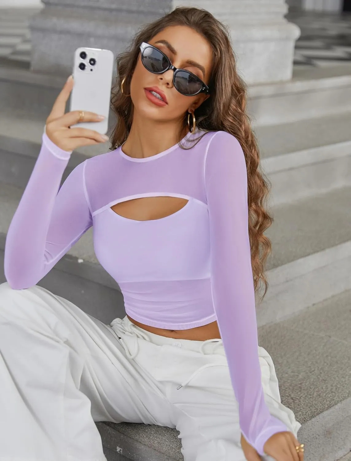 Avidlove Women's Sheer Mesh Long Sleeve Crop Top y2k Sexy Tee Blouse Cutout Clubwear with Thumb Holes