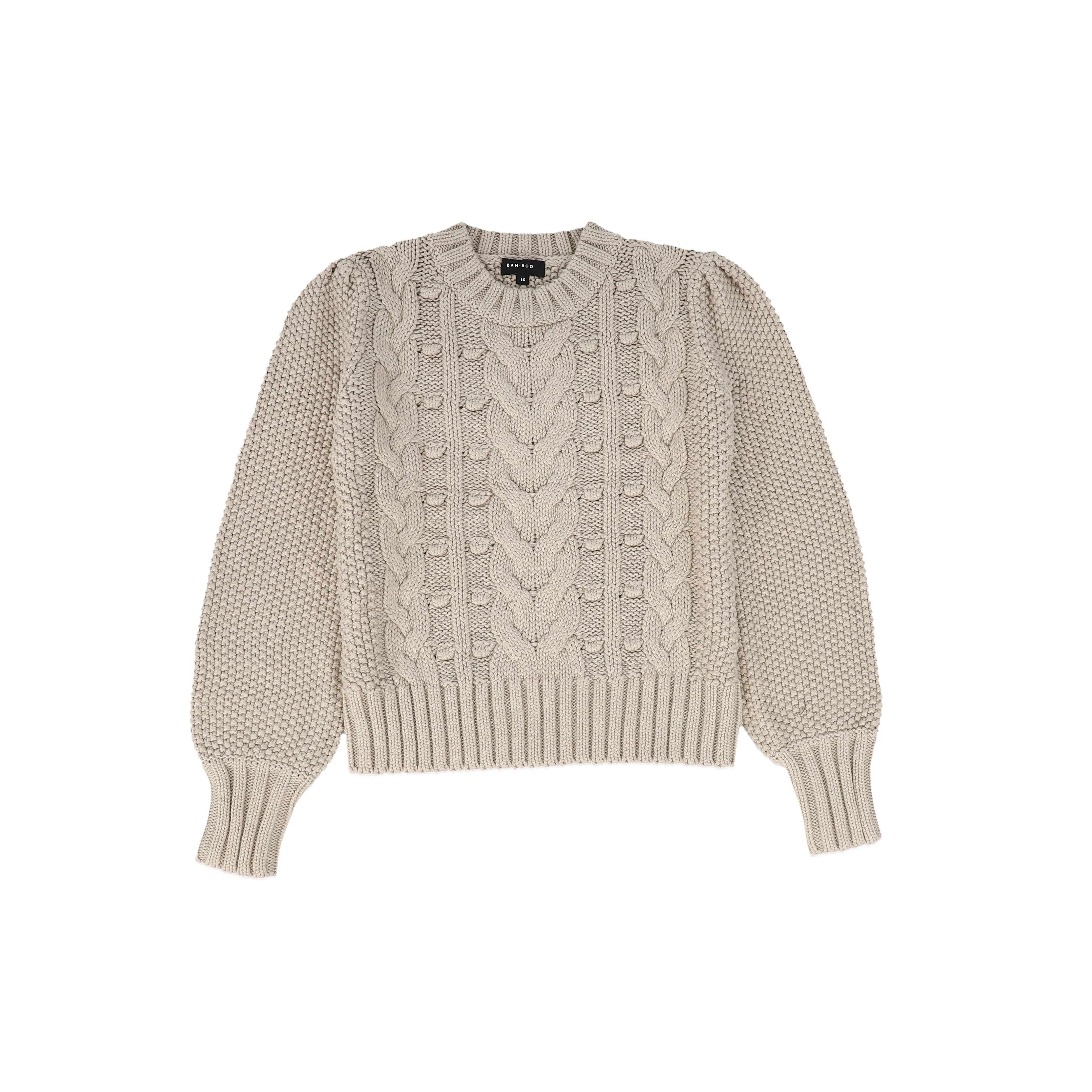 Bamboo Oatmeal Cable Knit Puff Sleeve Sweater