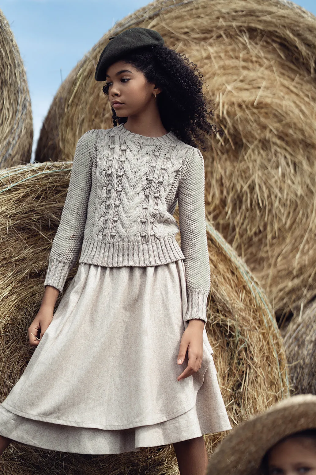 Bamboo Oatmeal Cable Knit Puff Sleeve Sweater