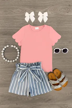 Blush Scallop Striped Tie Short Set