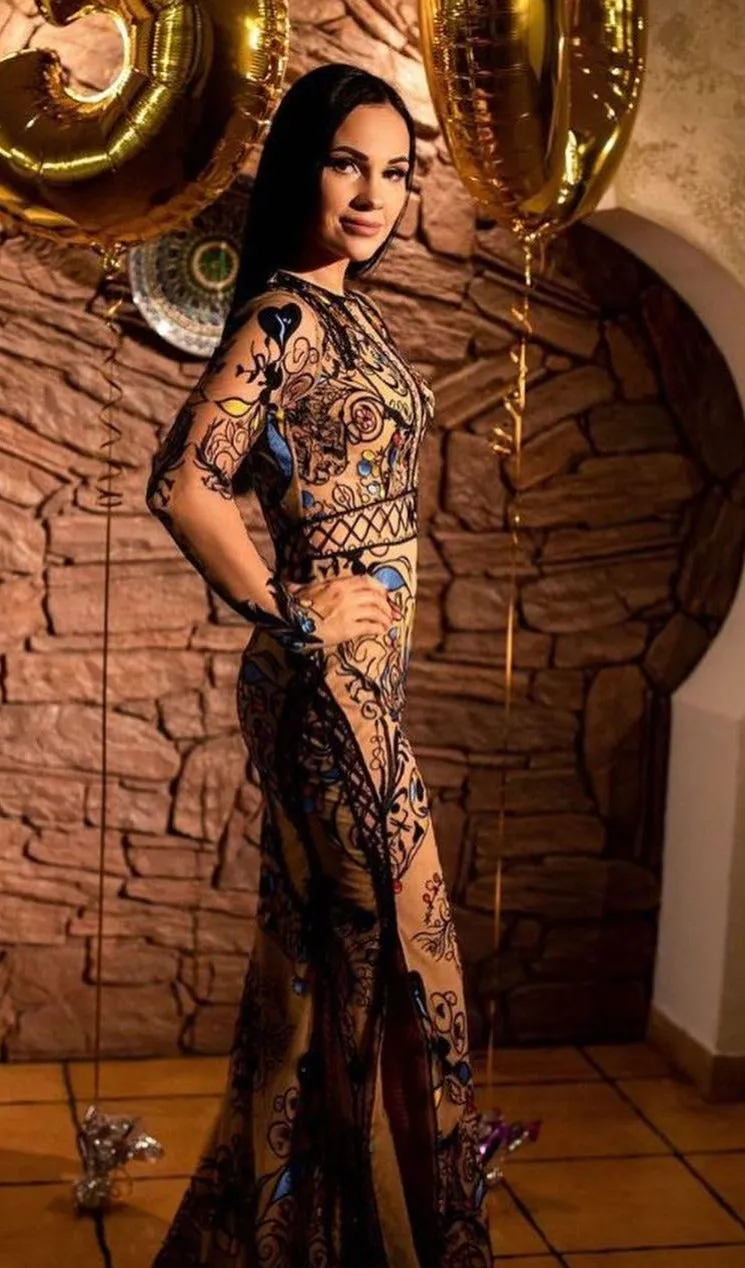 Boho Embellished Nude Effect Gown with Sleeves