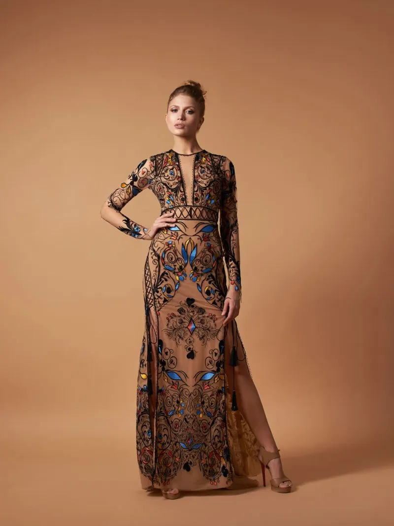 Boho Embellished Nude Effect Gown with Sleeves