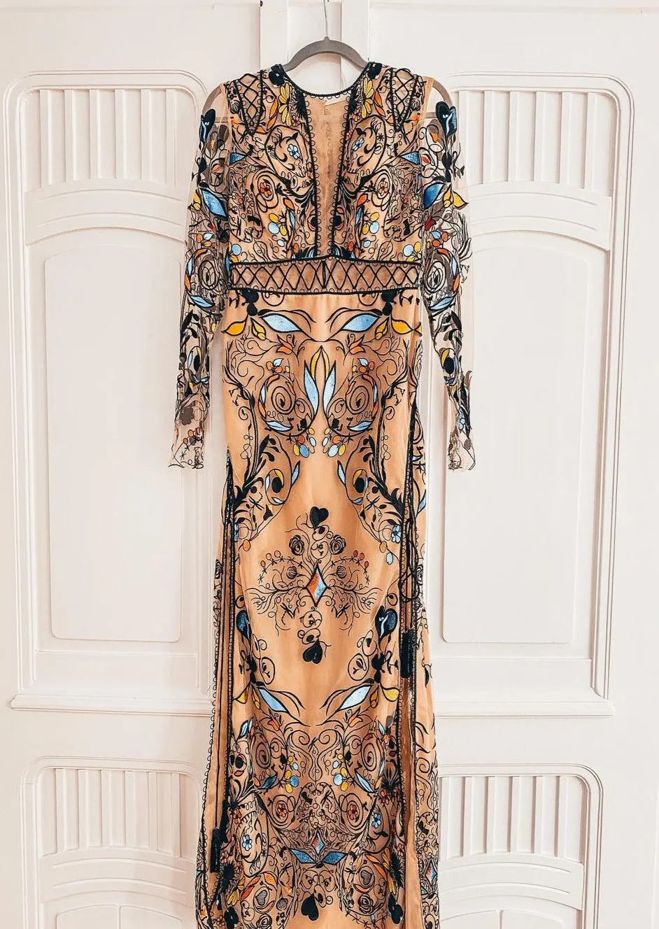 Boho Embellished Nude Effect Gown with Sleeves
