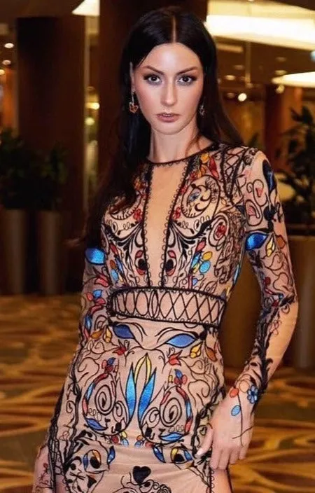 Boho Embellished Nude Effect Gown with Sleeves