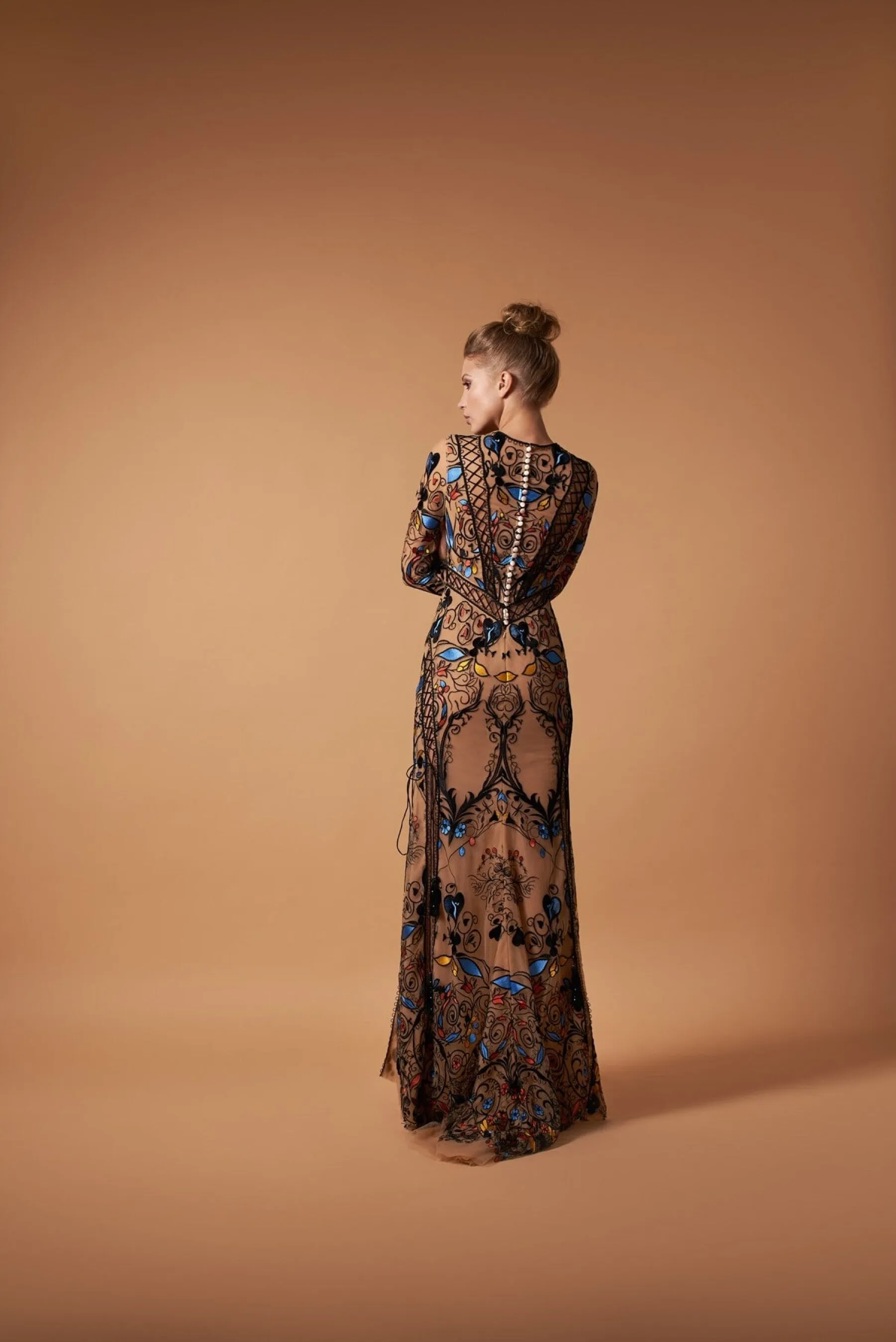 Boho Embellished Nude Effect Gown with Sleeves