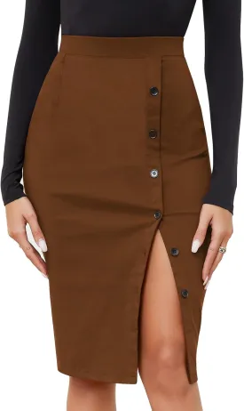 Byinns Women's 2025 High Waist Pencil Skirt Button Slit Work Skirts Plaid Business Bodycon Midi Skirt Knee Length