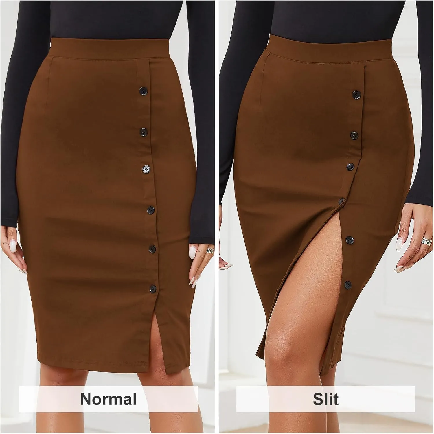 Byinns Women's 2025 High Waist Pencil Skirt Button Slit Work Skirts Plaid Business Bodycon Midi Skirt Knee Length