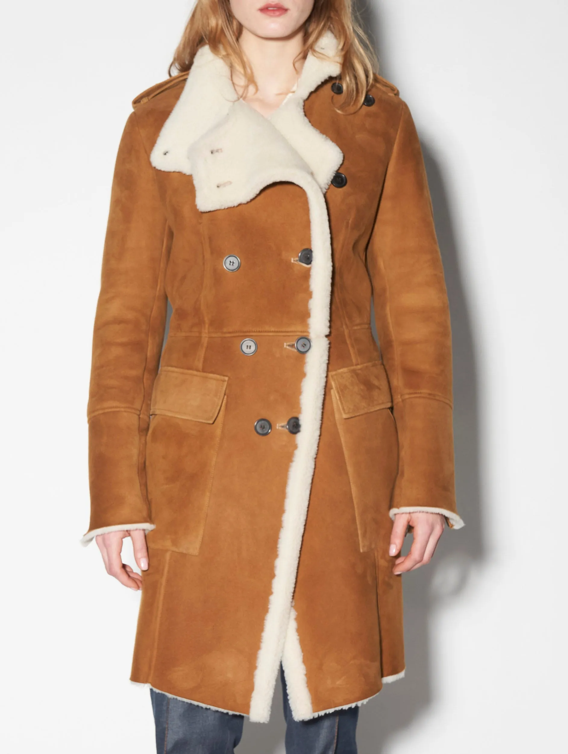 Camel double-breasted shearling coat