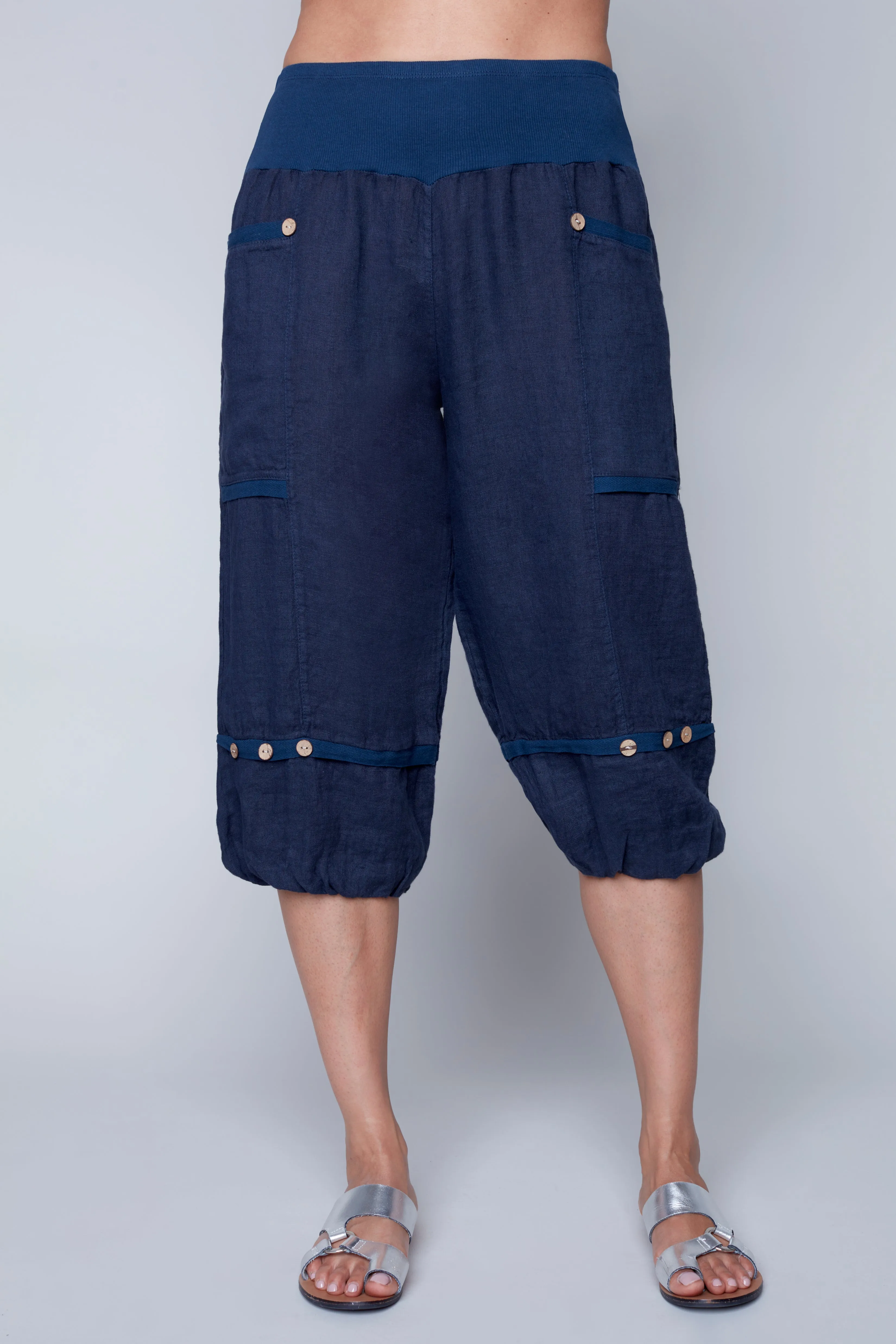 Carre Noir Italian Linen Harem Short -Navy