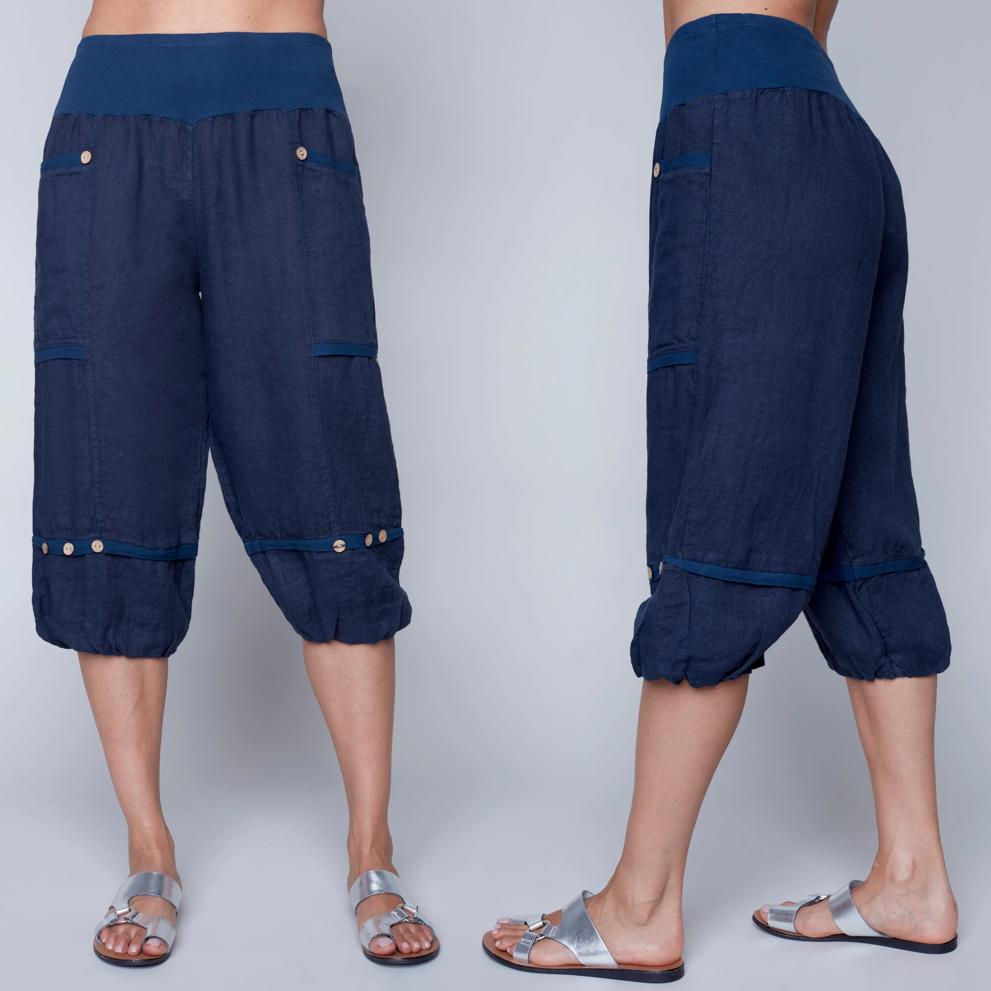 Carre Noir Italian Linen Harem Short -Navy