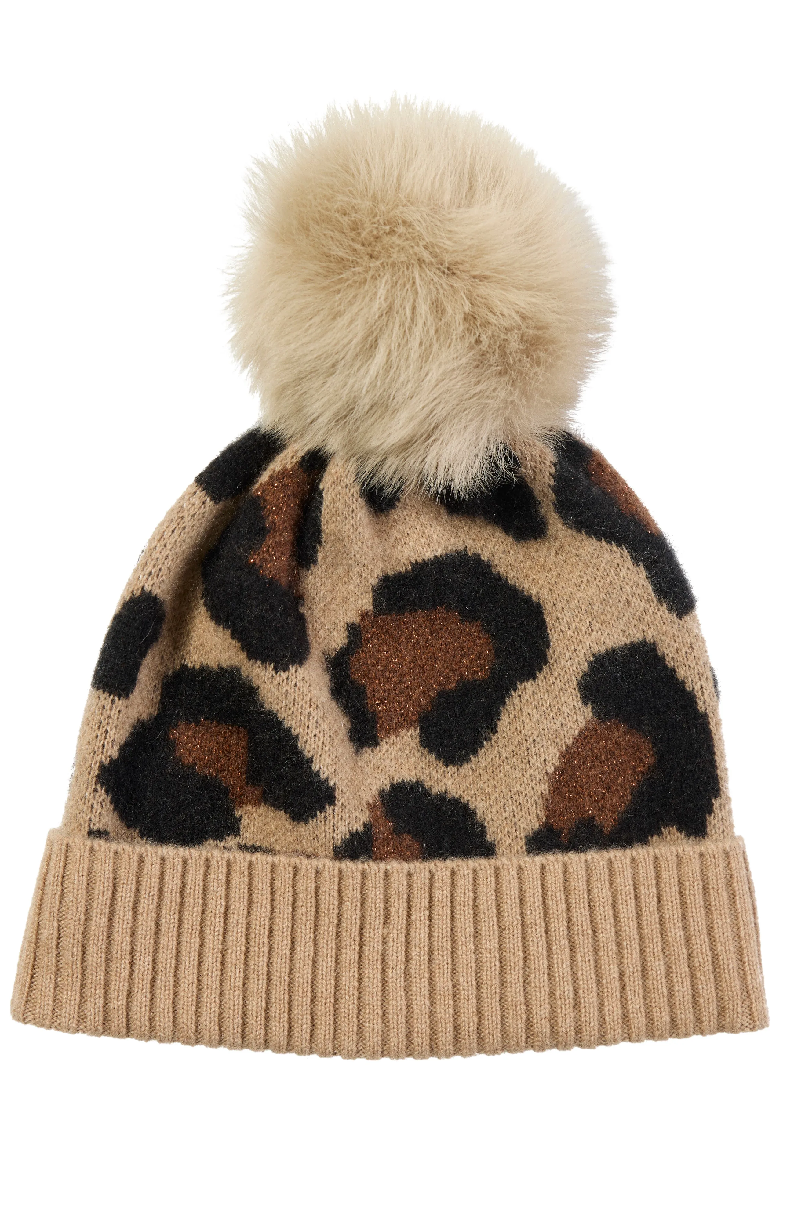 CASHMERE CHEETAH CUFFED HAT WITH SHEARLING POM