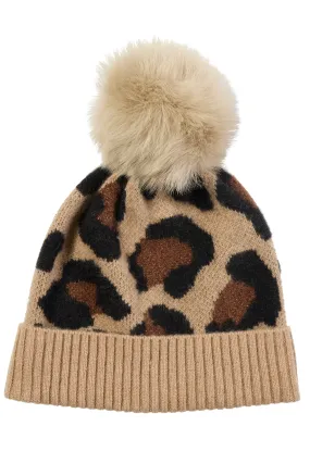 CASHMERE CHEETAH CUFFED HAT WITH SHEARLING POM