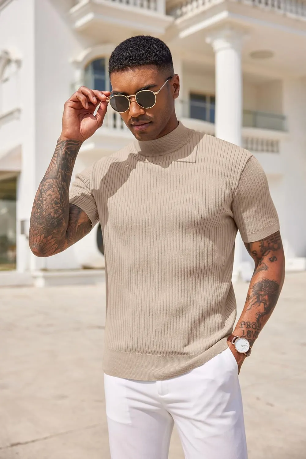COOFANDY Men's Mock Turtleneck Sweater Short Sleeve Casual Basic Tops Ribbed Knit Pullover Solid Tee
