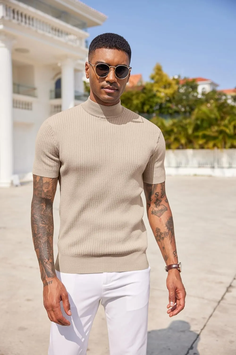 COOFANDY Men's Mock Turtleneck Sweater Short Sleeve Casual Basic Tops Ribbed Knit Pullover Solid Tee