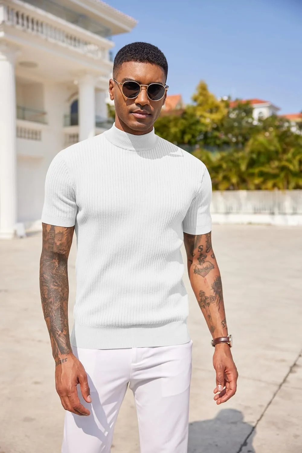 COOFANDY Men's Mock Turtleneck Sweater Short Sleeve Casual Basic Tops Ribbed Knit Pullover Solid Tee