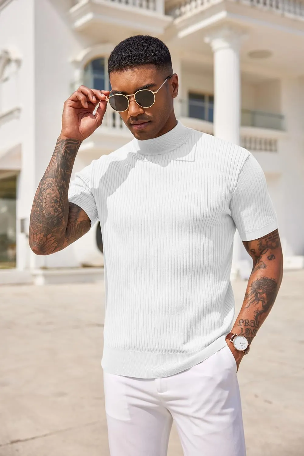 COOFANDY Men's Mock Turtleneck Sweater Short Sleeve Casual Basic Tops Ribbed Knit Pullover Solid Tee
