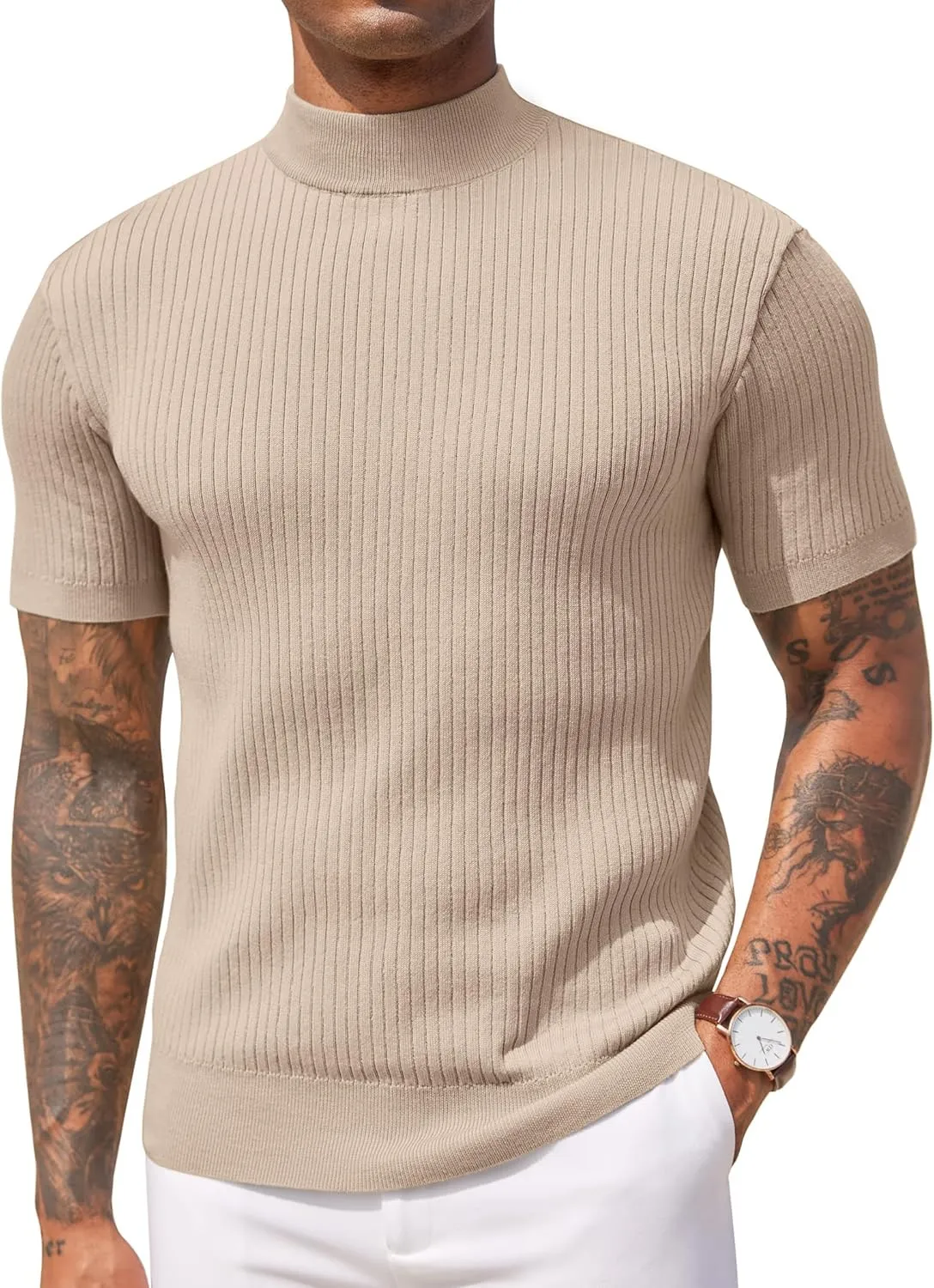 COOFANDY Men's Mock Turtleneck Sweater Short Sleeve Casual Basic Tops Ribbed Knit Pullover Solid Tee