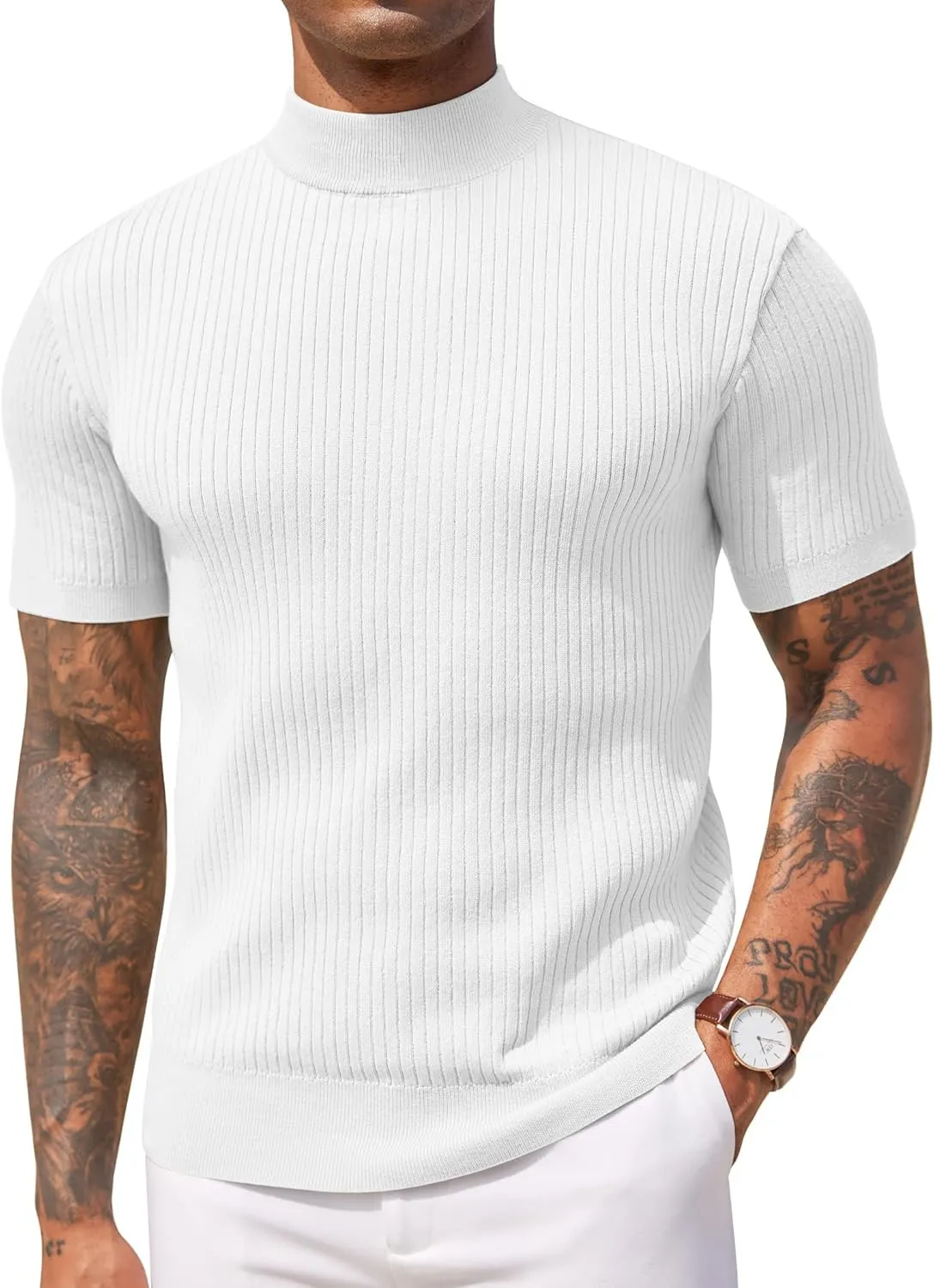 COOFANDY Men's Mock Turtleneck Sweater Short Sleeve Casual Basic Tops Ribbed Knit Pullover Solid Tee
