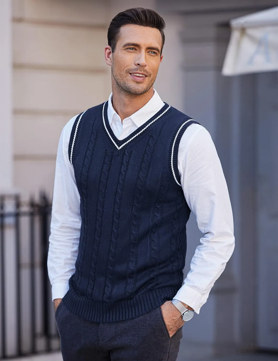 COOFANDY Men's Sweater Vest V Neck Slim Fit Casual Sleeveless Twisted Knitted Pullover Sweater