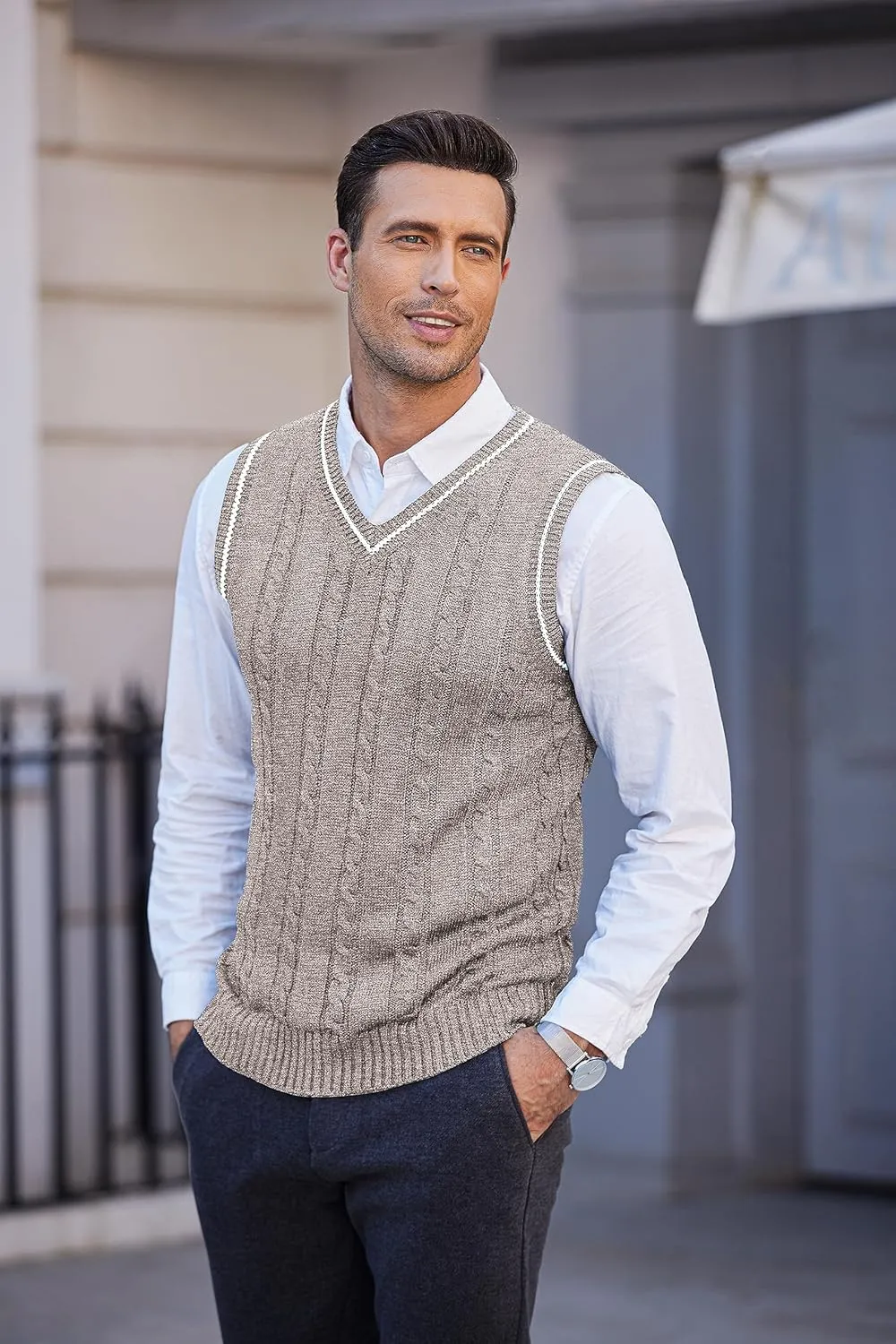 COOFANDY Men's Sweater Vest V Neck Slim Fit Casual Sleeveless Twisted Knitted Pullover Sweater