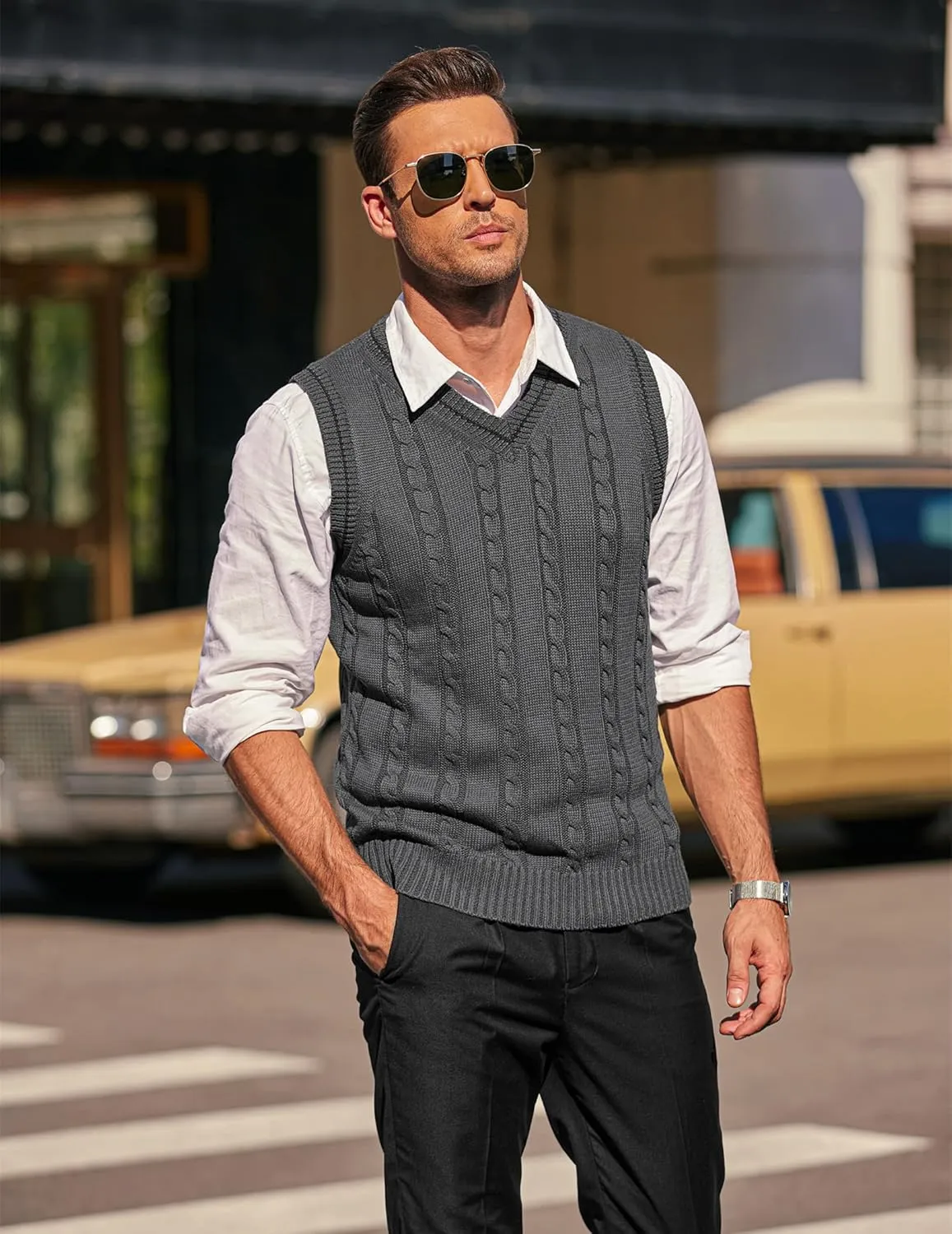 COOFANDY Men's Sweater Vest V Neck Slim Fit Casual Sleeveless Twisted Knitted Pullover Sweater