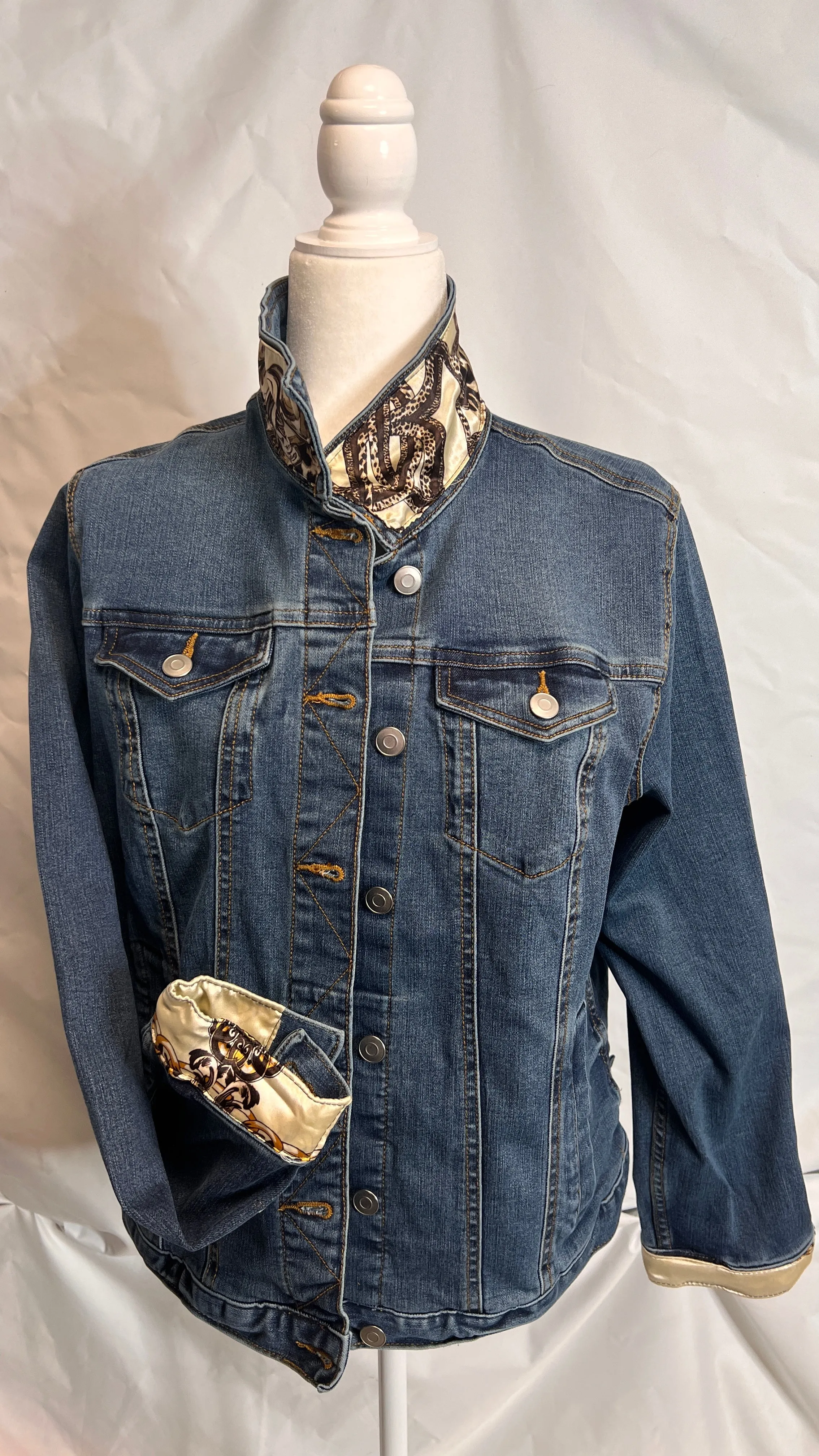 Cream, Gold and Leopard Print Denim Jacket