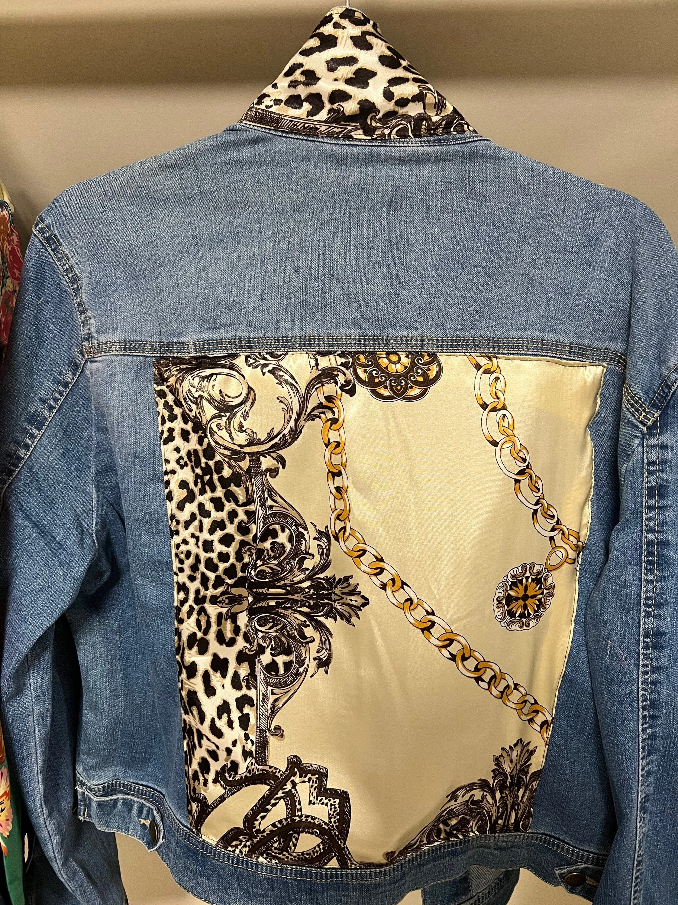 Cream, Gold and Leopard Print Denim Jacket