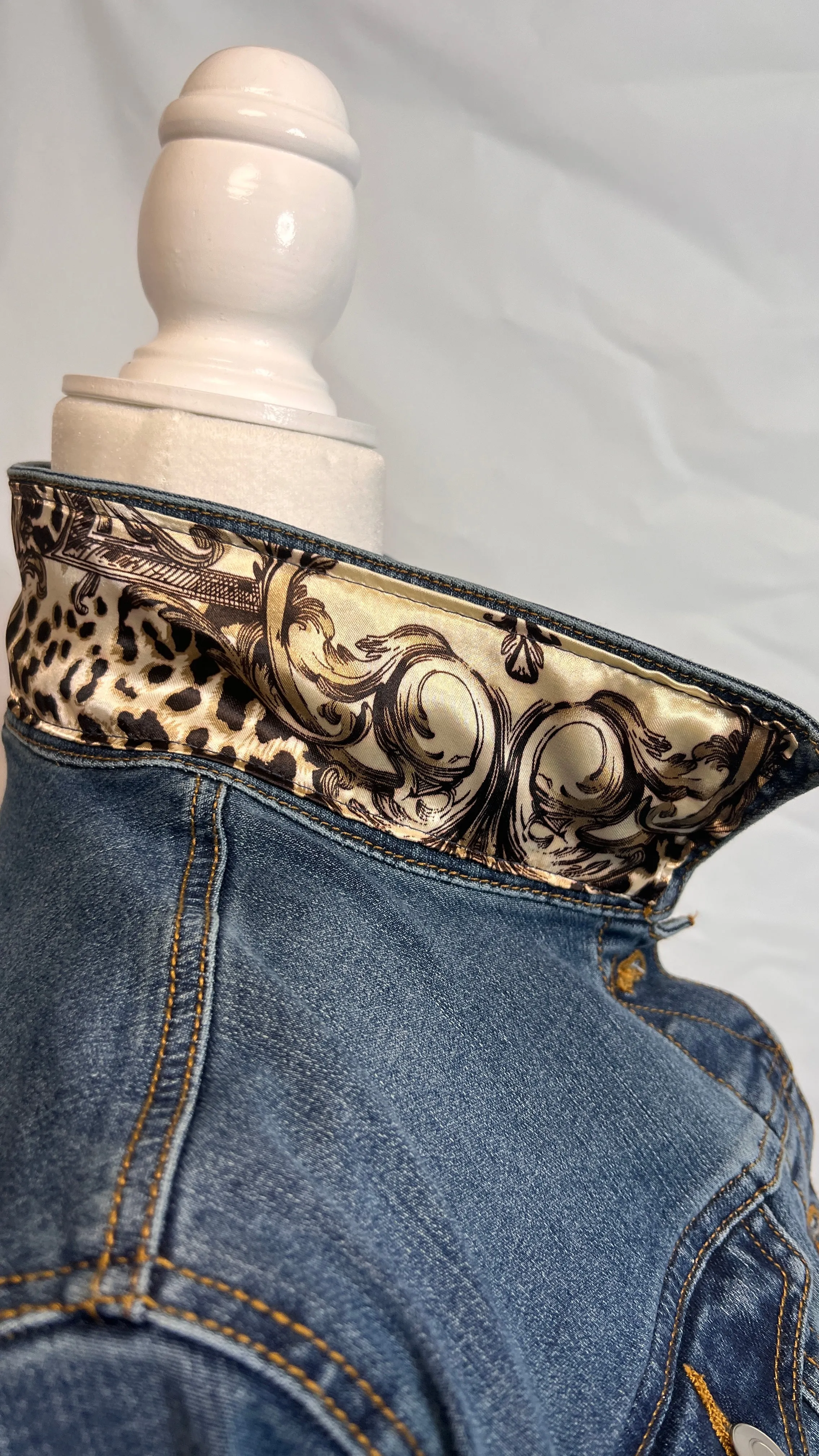 Cream, Gold and Leopard Print Denim Jacket
