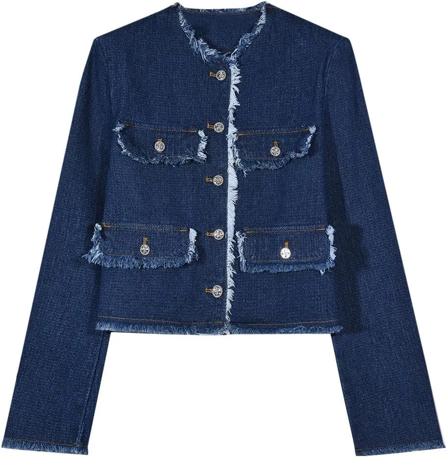 Cropped Denim Jacket for Women Frayed Hem Vintage Button Down Jean Coat Casual Open Front Blazer
