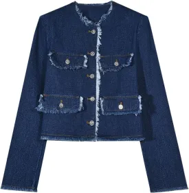 Cropped Denim Jacket for Women Frayed Hem Vintage Button Down Jean Coat Casual Open Front Blazer