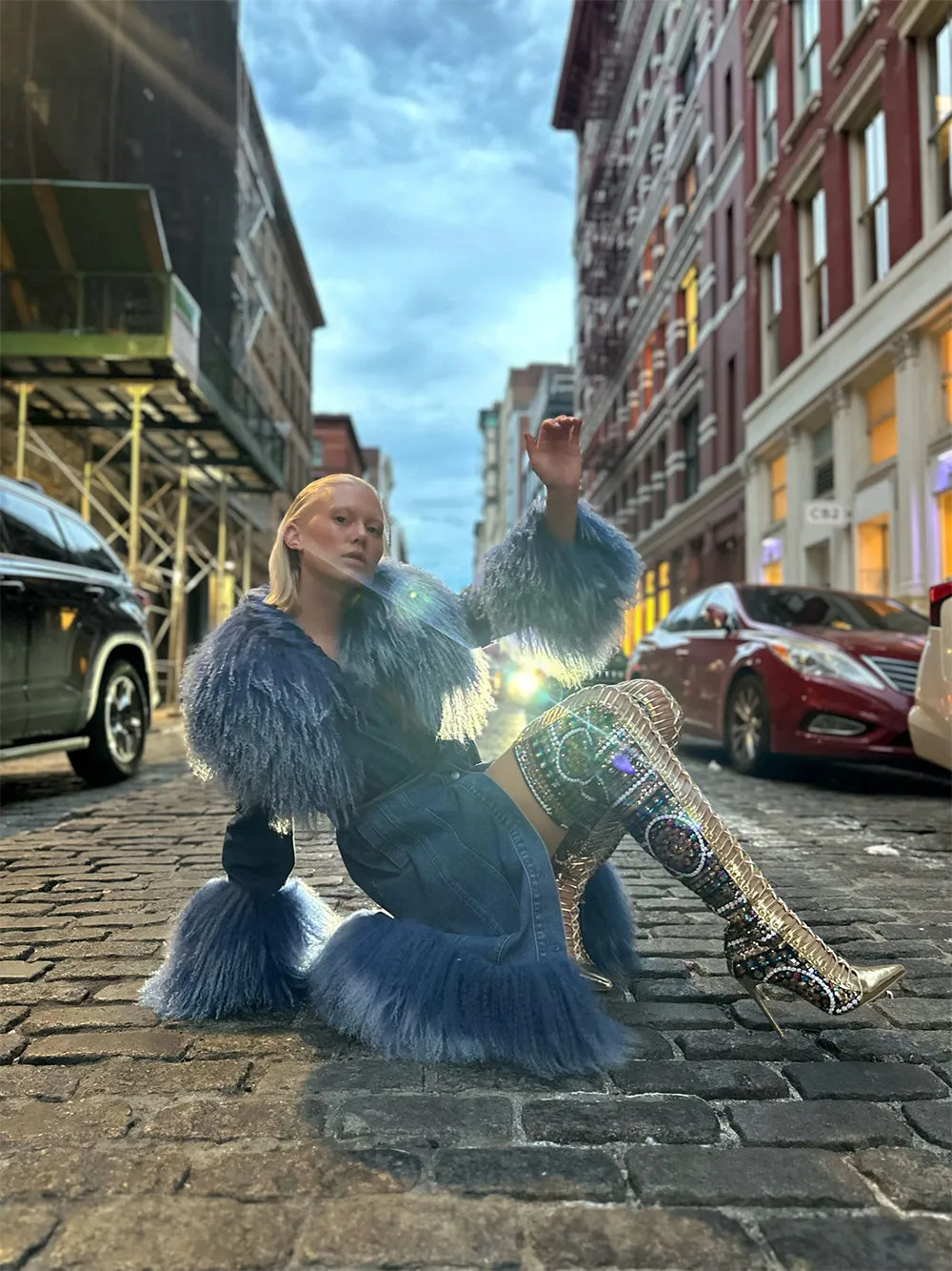Denim Coat w/ Shearling Fur