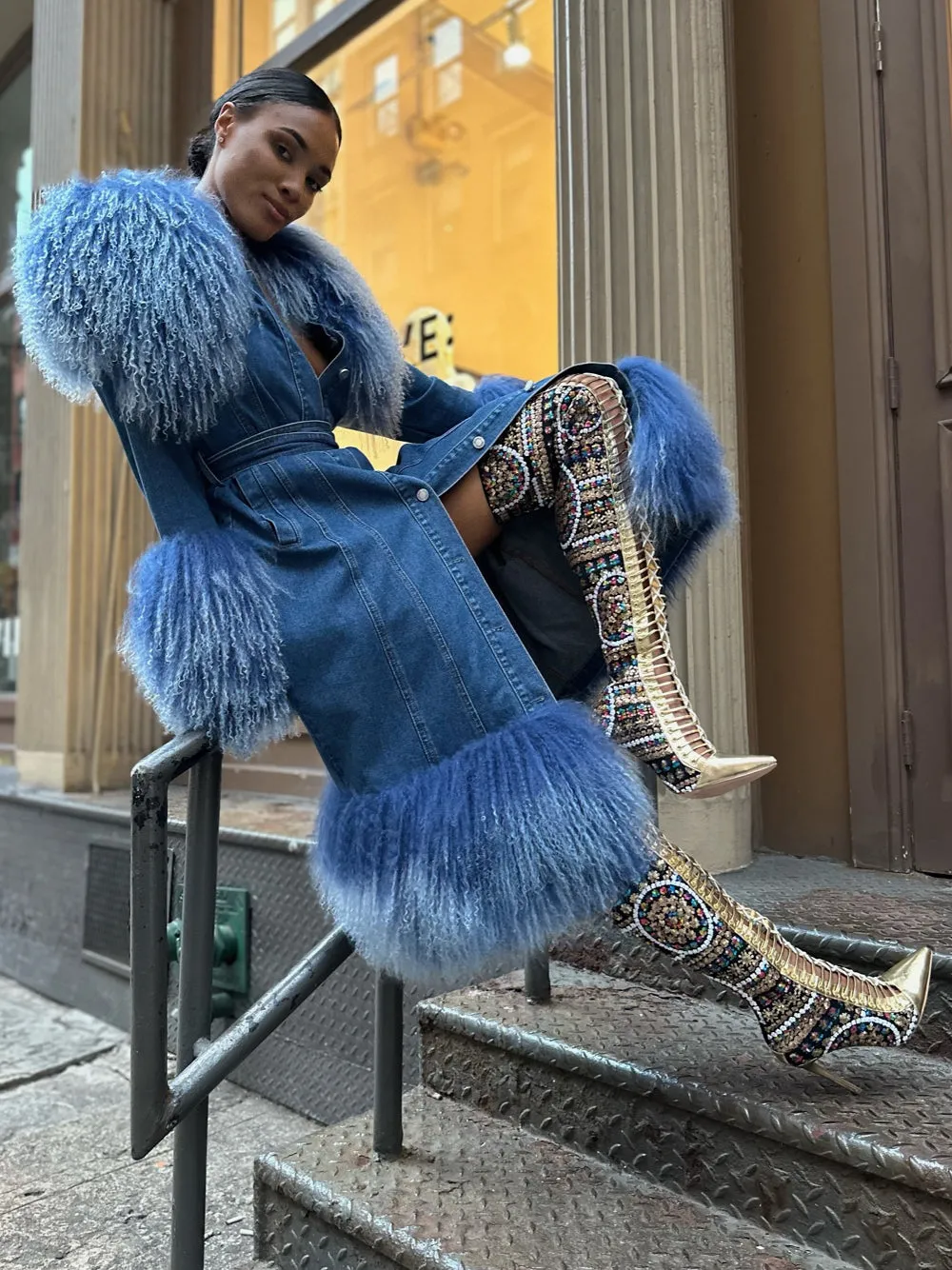 Denim Coat w/ Shearling Fur
