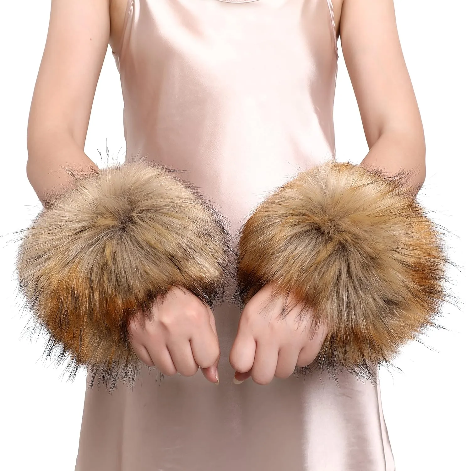 Dikoaina Faux Fur Wrist Cuffs- Winter Furry Bands Fox Fur Wrist Warmer,Arm Warmer, Leg Warmer, One Pair