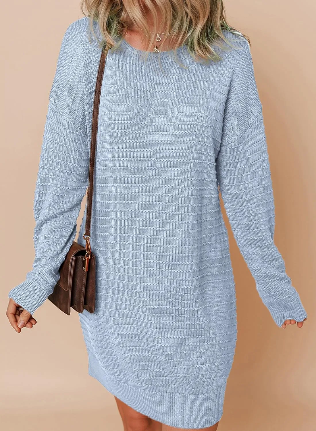 Dokotoo Womens Sweater Dresses 2024 Trendy Casual Crew Neck Long Sleeve Textured Pullover Knit Dress
