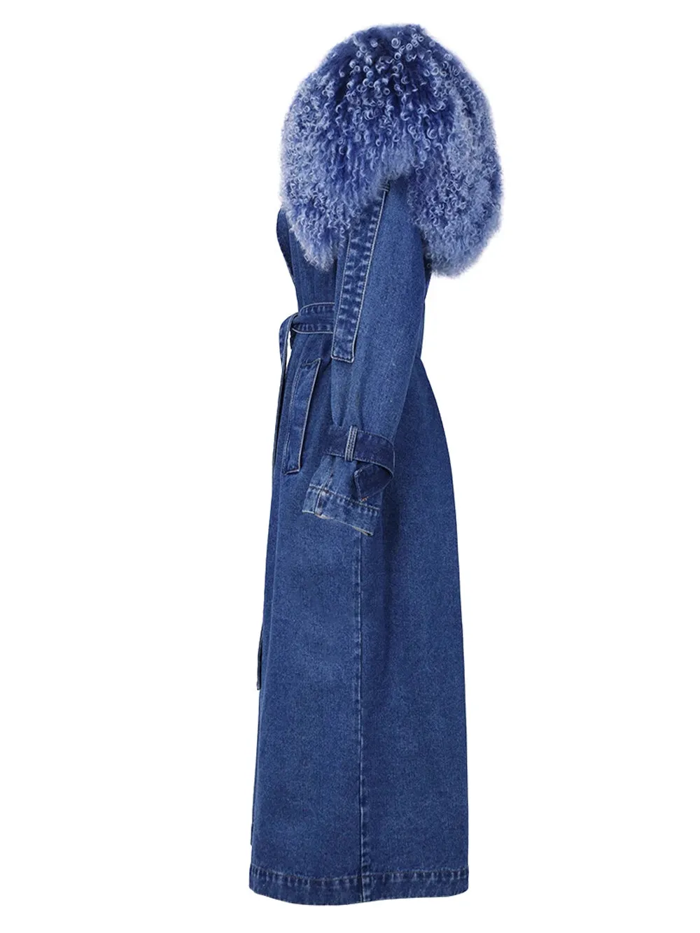 DUVE Fluffy Faux Fur Denim Coat in Blue