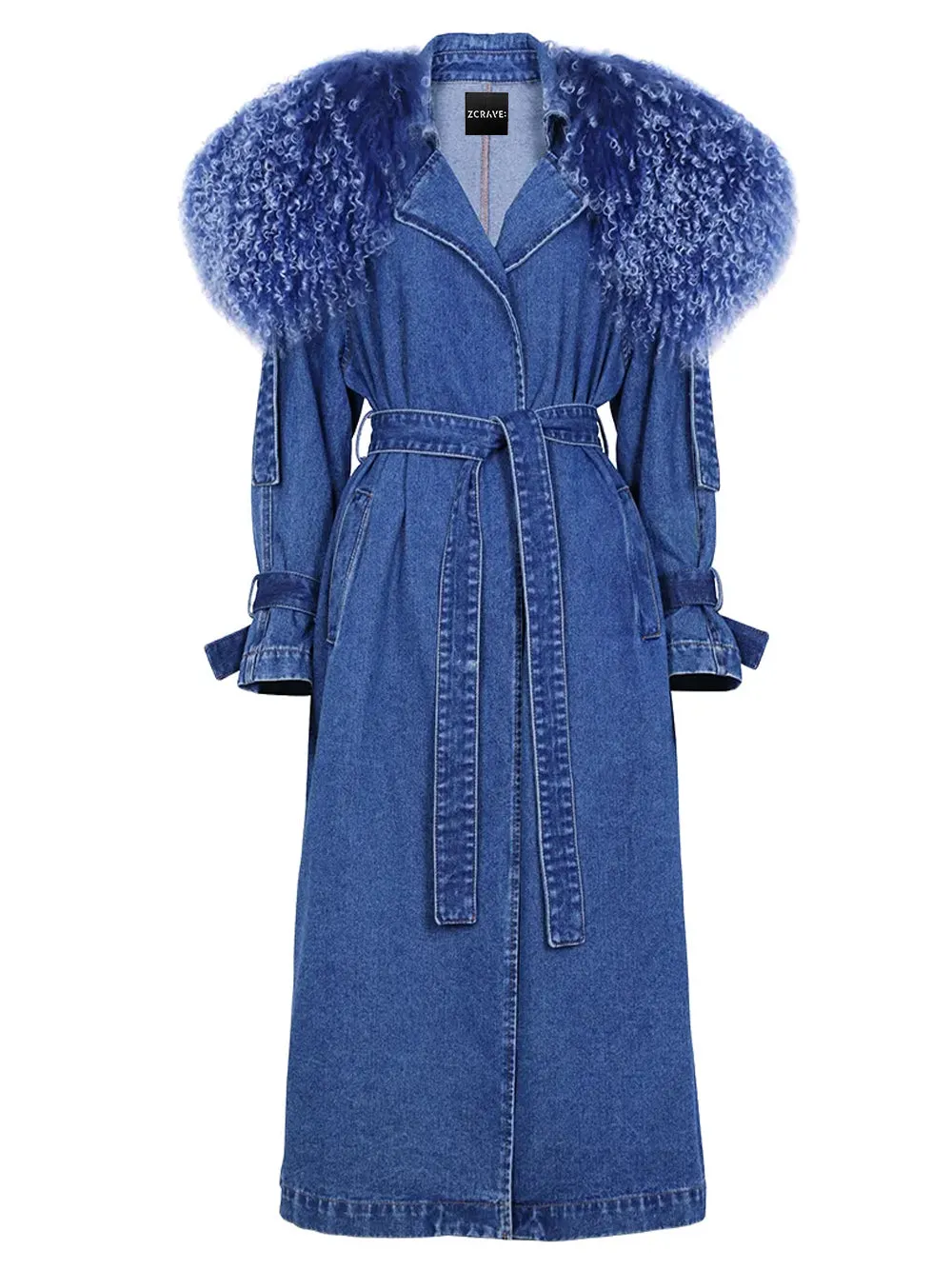 DUVE Fluffy Faux Fur Denim Coat in Blue