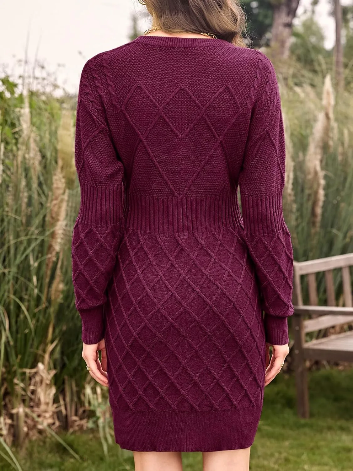 Dyexces Womens Sweater Dress Long Sleeve Crewneck Diamond Knit Sweater Dresses Sexy Slim Fit Pullover Dress