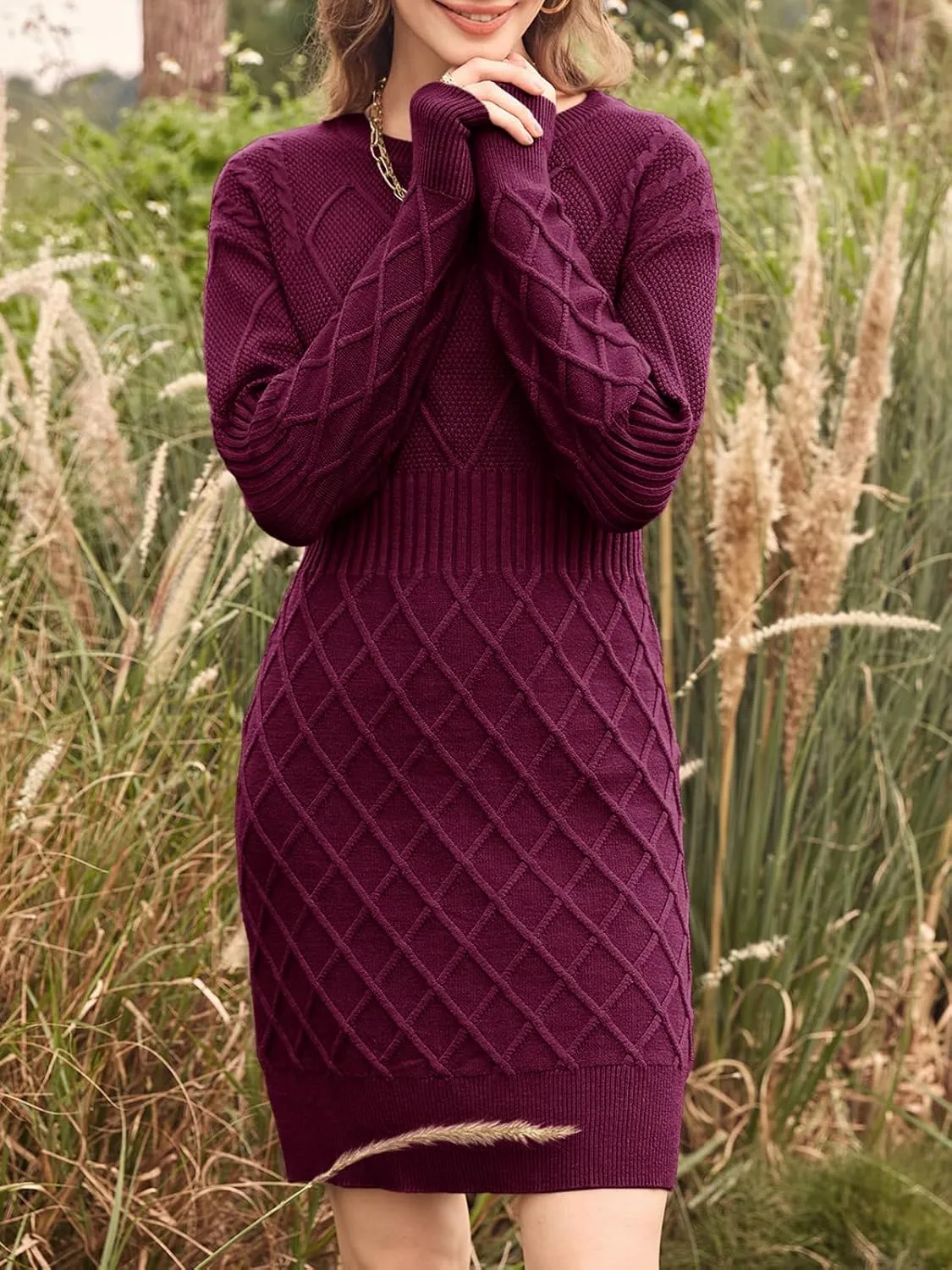 Dyexces Womens Sweater Dress Long Sleeve Crewneck Diamond Knit Sweater Dresses Sexy Slim Fit Pullover Dress